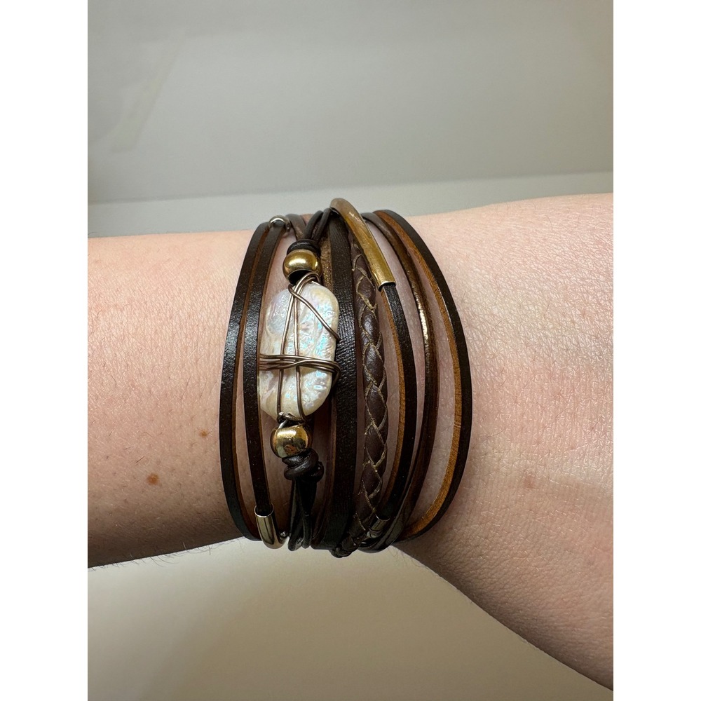 Brown Leather Multi Strand Wrap Bracelet Gold Magnetic Clasp Faux Pearl Boho